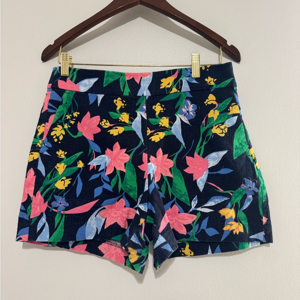 J. Crew Navy Floral High-Rise Women's Shorts Basketweave Size 6 Zip Side Pockets